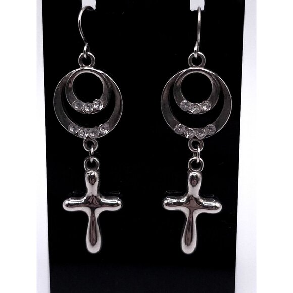 Silver Cross Dangle Earrings With Rhinestone Accents & Circular Detailing For Wo - Picture 3 of 5